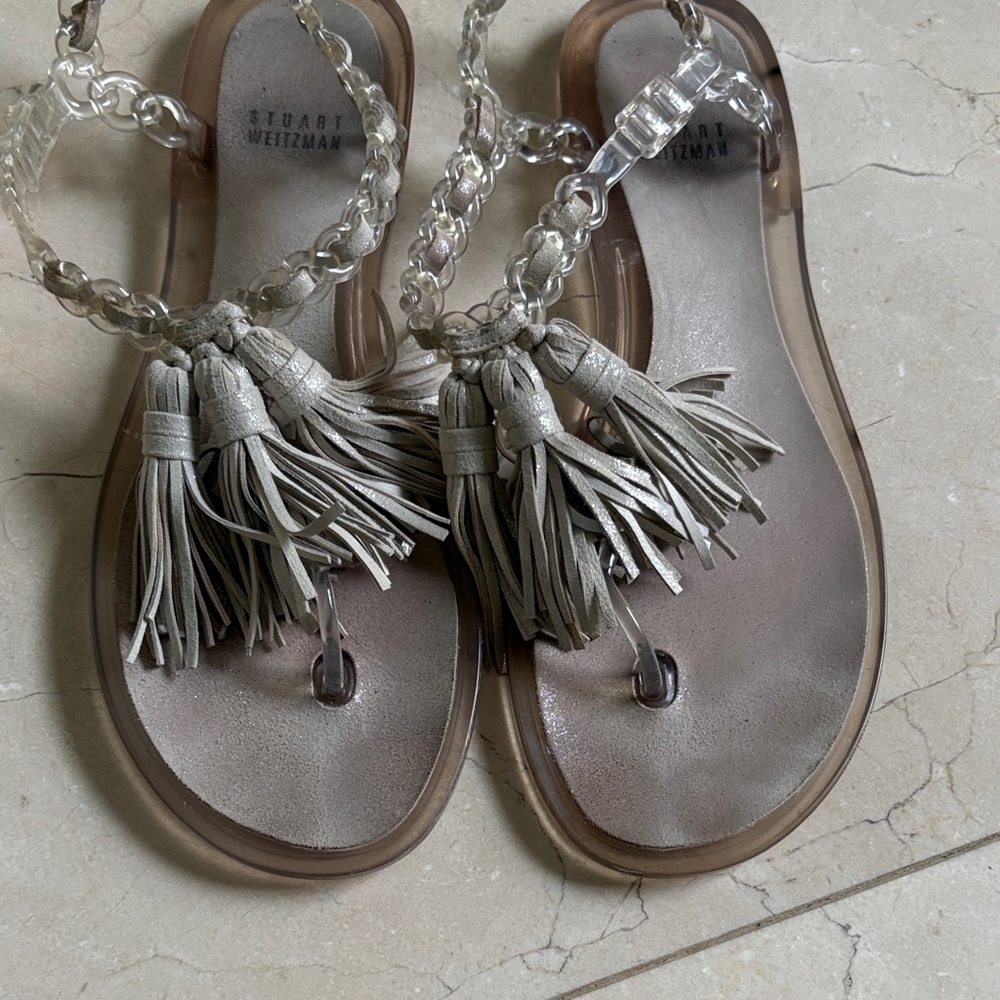 Stuart Weitzman Metallic Silver Tassel Jelly Thong Sandals